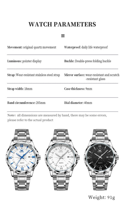 OPK Men's Quartz Watch — Steel Belt Dual Calendar Wristwatch Model 6003