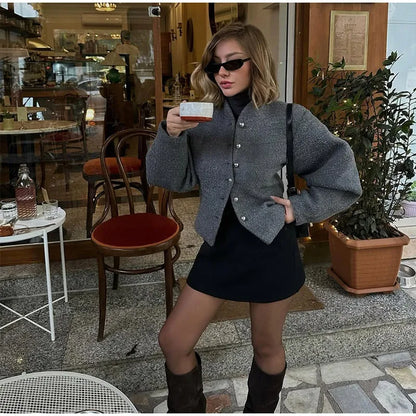 2025 Women's Burgundy Red O-Neck Woolen Coat – Casual Single-Breasted, Long Sleeve Short Jacket for Spring