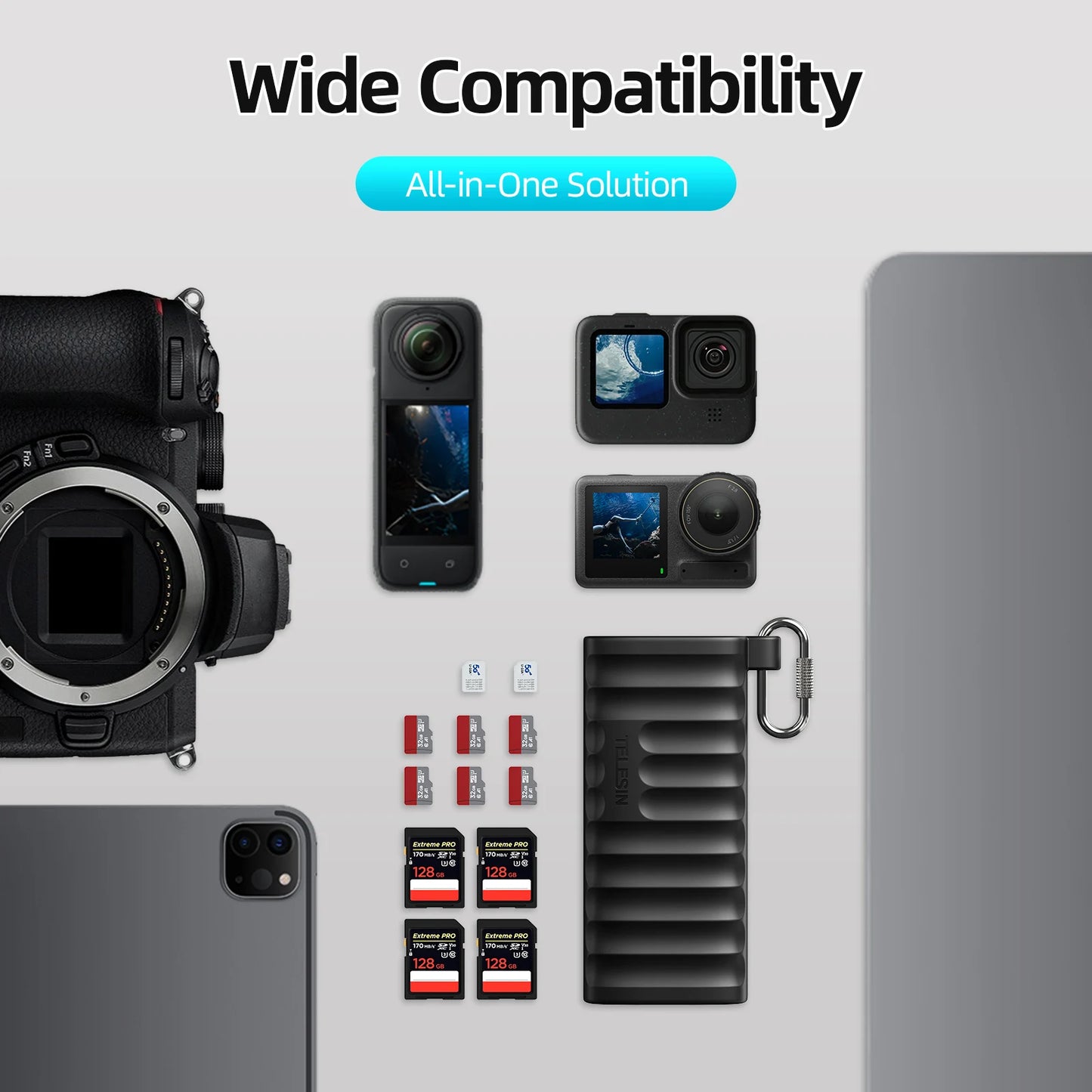 TELESIN 2-in-1 Micro SD Card Reader — High-Speed Type-C SD/TF Storage Reader for PC & Camera
