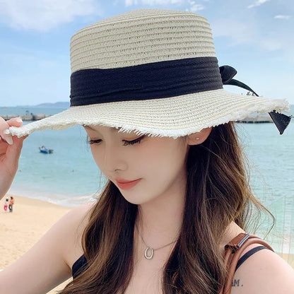 Bow Straw Hat for Women – Wide Brim Sun Visor Cap for Beach, Summer Vacation & Outdoor Sun Protection