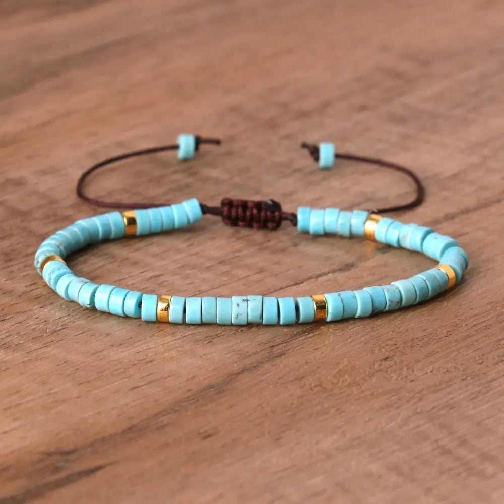 Natural Blue Emperor Stone Beaded Bracelet – Polished Block Beads, Adjustable Woven Rope Women’s Gift Jewelry