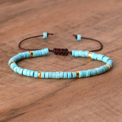 Natural Blue Emperor Stone Beaded Bracelet – Polished Block Beads, Adjustable Woven Rope Women’s Gift Jewelry