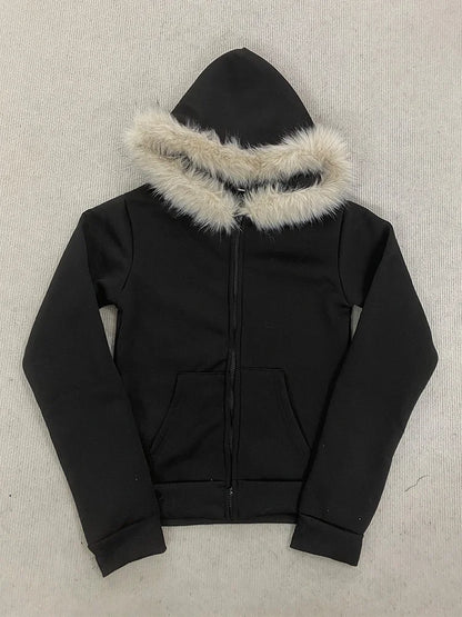 Women’s Y2K Gothic Hoodie - Slim Suede Fur Collar Letter Print Streetwear Sweatshirt
