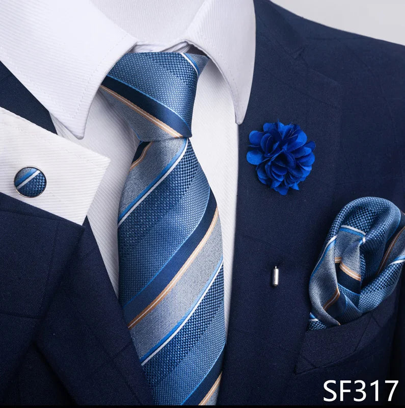Luxury Men's Floral Black and Gold Tie Set - Paisley Necktie with Pocket Square, Cufflinks and Brooch for Weddings and Parties