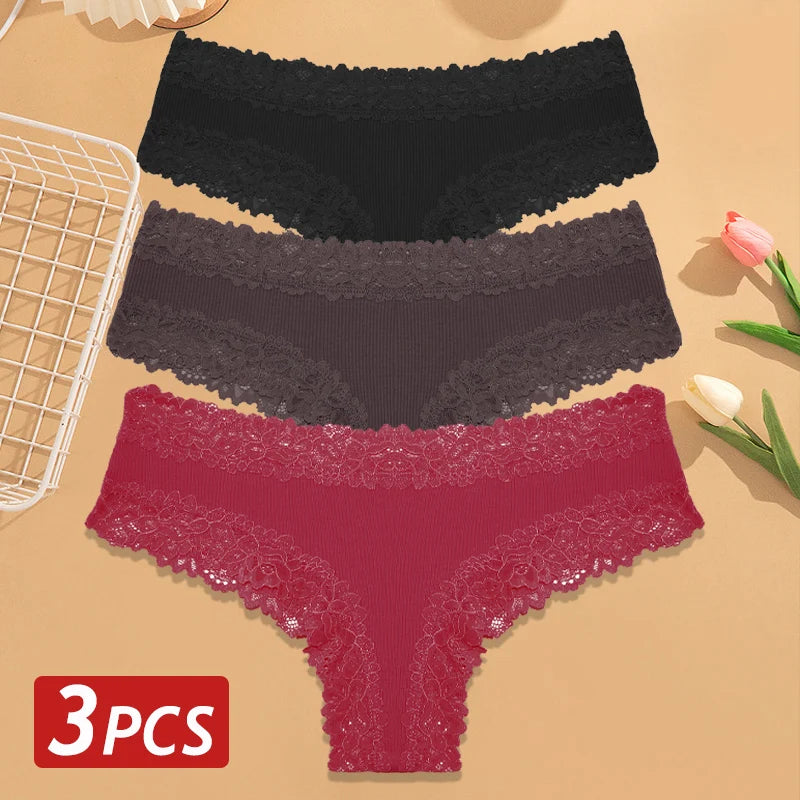 3PCS Women’s Cotton Lace Panties Set - Low Waist Brazilian Bikini Underwear Soft Floral Lingerie T-Back Style