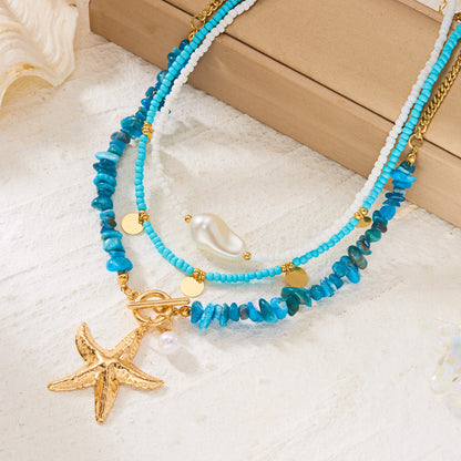 Bohemian Shell Layered Necklace - Vintage Starfish & Turtle Blue Beaded Beach Jewelry for Women