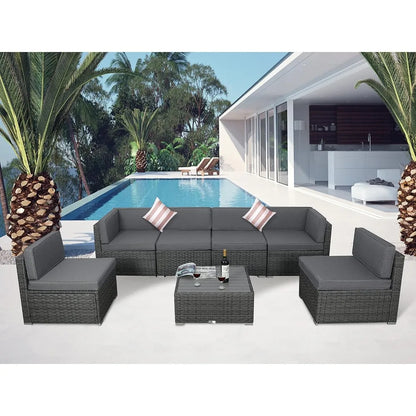 7-Piece Outdoor Patio Furniture Set with Cushions – PE Rattan Modular Sofa Set, Coffee Table & Pillows