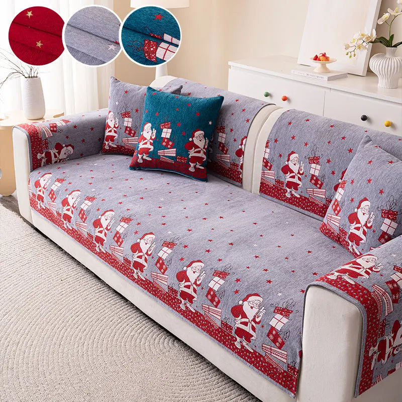 Santa Claus Chenille Sofa Mat – Red Non-Slip Universal Christmas Cover for All Seasons