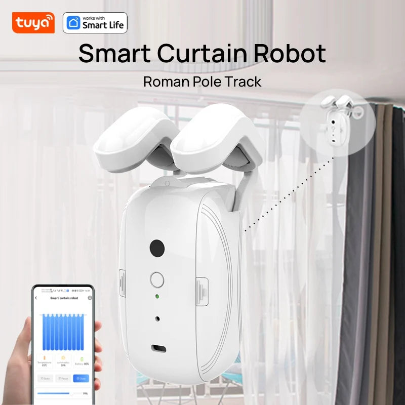 Tuya Smart Curtain Robot Motor — Roman Rod Track, App & Remote Remote Control, Single/Double, Works with Tuya Gateway
