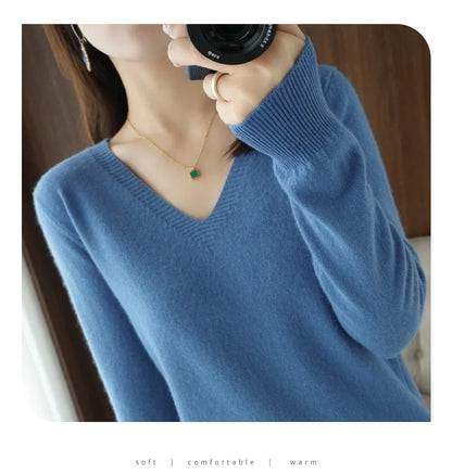 New Women’s Cashmere V-Neck Pullover – Lace Hollow Out Long Sleeve Knitted Sweater for Fall & Winter