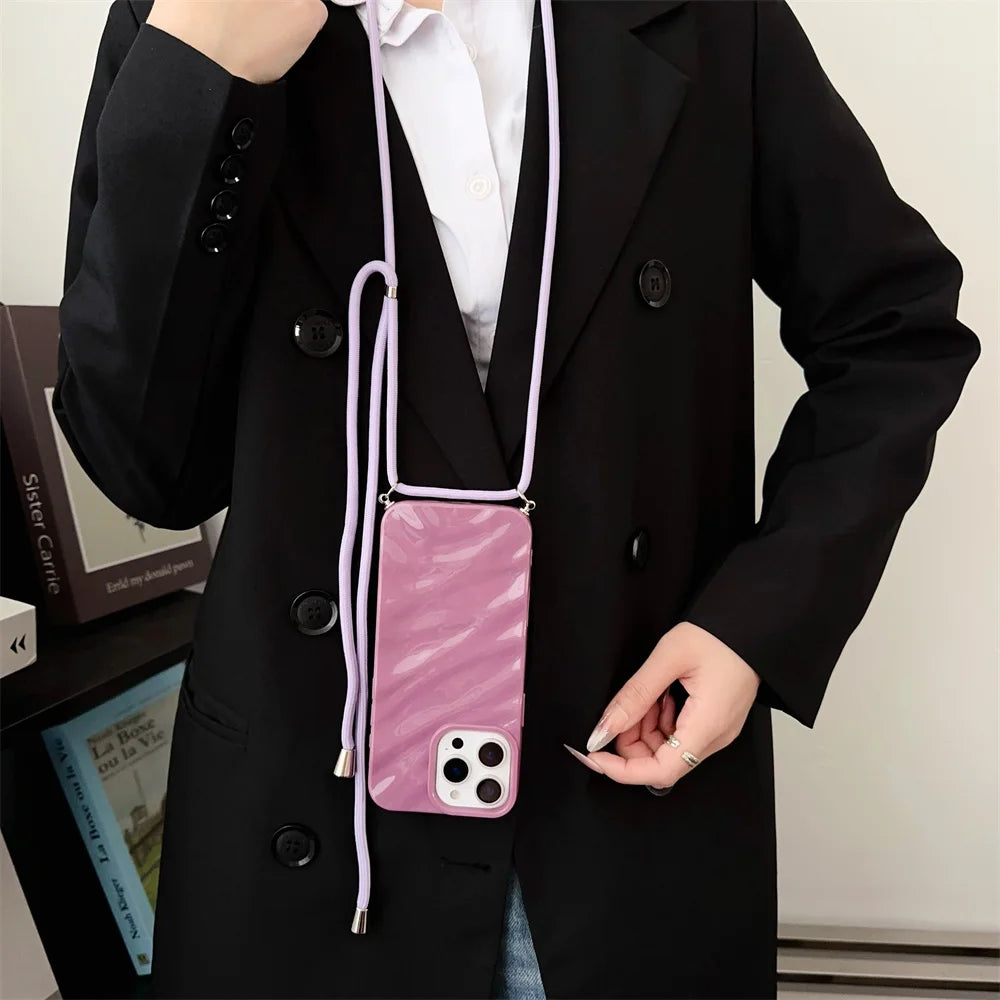 Glossy Wave Ripple Crossbody Lanyard Phone Case for iPhone 17/16/15 Pro Max Air 14 13 12 11 XR X 8 7 - Soft Silicone Protective Cover with Strap