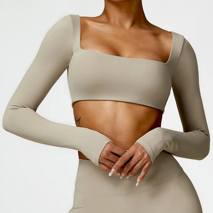 Hearuisavy Women’s Quick-Dry Sports Crop Top - Square Neck Long Sleeve Gym, Yoga, and Fitness Shirt