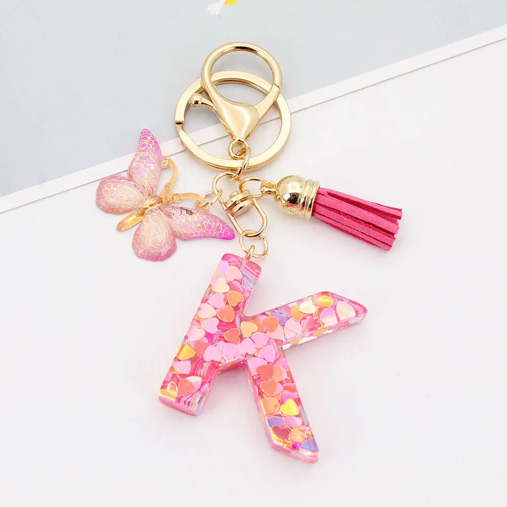 A-Z Letter Acrylic Keychain - Pink Butterfly Tassel Bag Charm & Key Ring