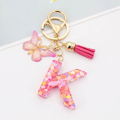 A-Z Letter Acrylic Keychain - Pink Butterfly Tassel Bag Charm & Key Ring