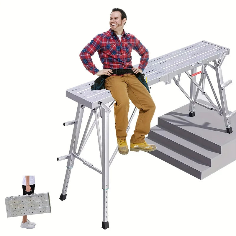 Adjustable Folding Work Platform & Scaffolding – Portable Steel Ladder and Drywall Stool with 800lb Heavy Load Capacity