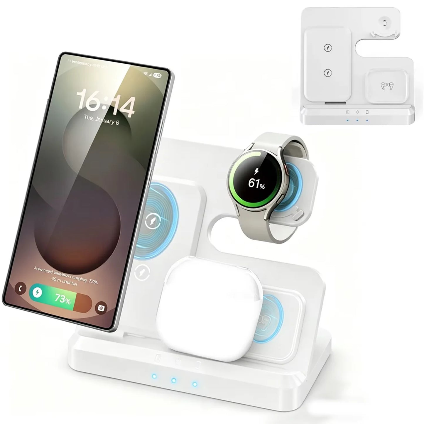4-in-1 Wireless Charging Station - Alarm Clock Stand for Samsung Galaxy S26/S25, Galaxy Watch, Buds & Fast Charging Accessories