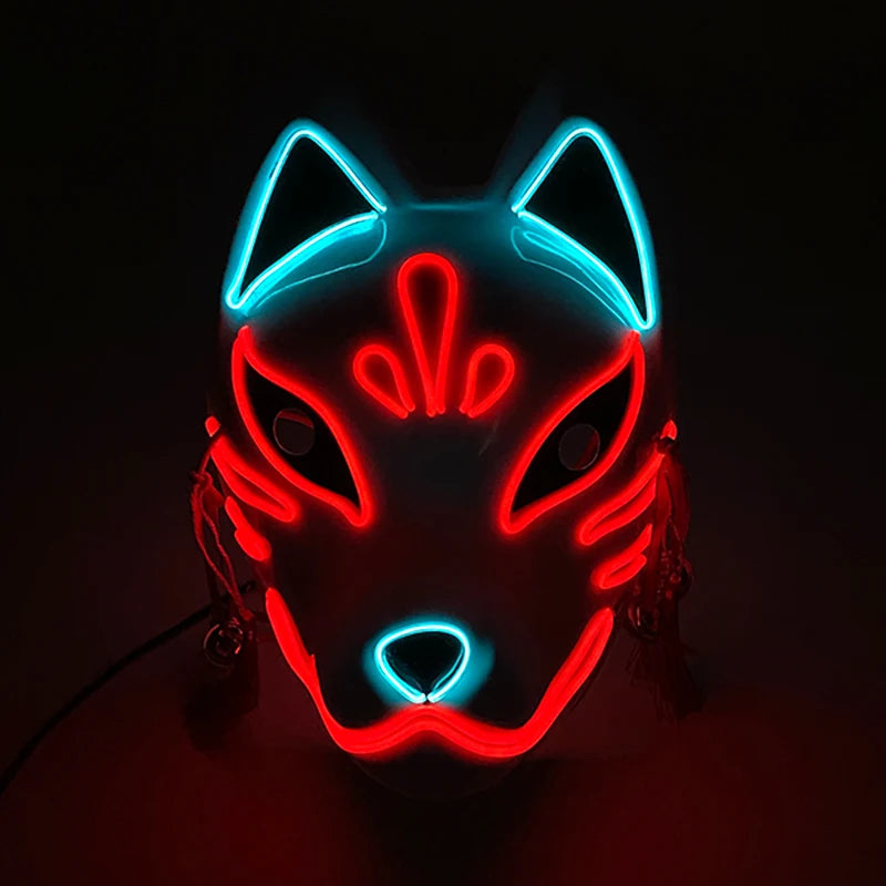 Glowing LED Fox Mask – Neon Japanese Anime-Inspired Samurai Cosplay Mask for Halloween, Christmas & Costume Parties