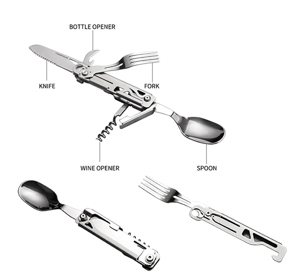 Multi-Function Outdoor Tableware: Portable Foldable Cutlery Set with Knife, Fork, Spoon, and Bottle Opener - Camping Equipment Essential