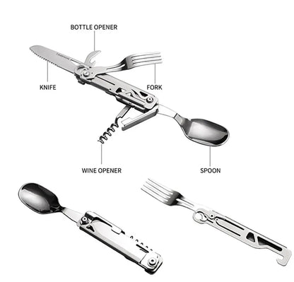 Multi-Function Outdoor Tableware: Portable Foldable Cutlery Set with Knife, Fork, Spoon, and Bottle Opener - Camping Equipment Essential