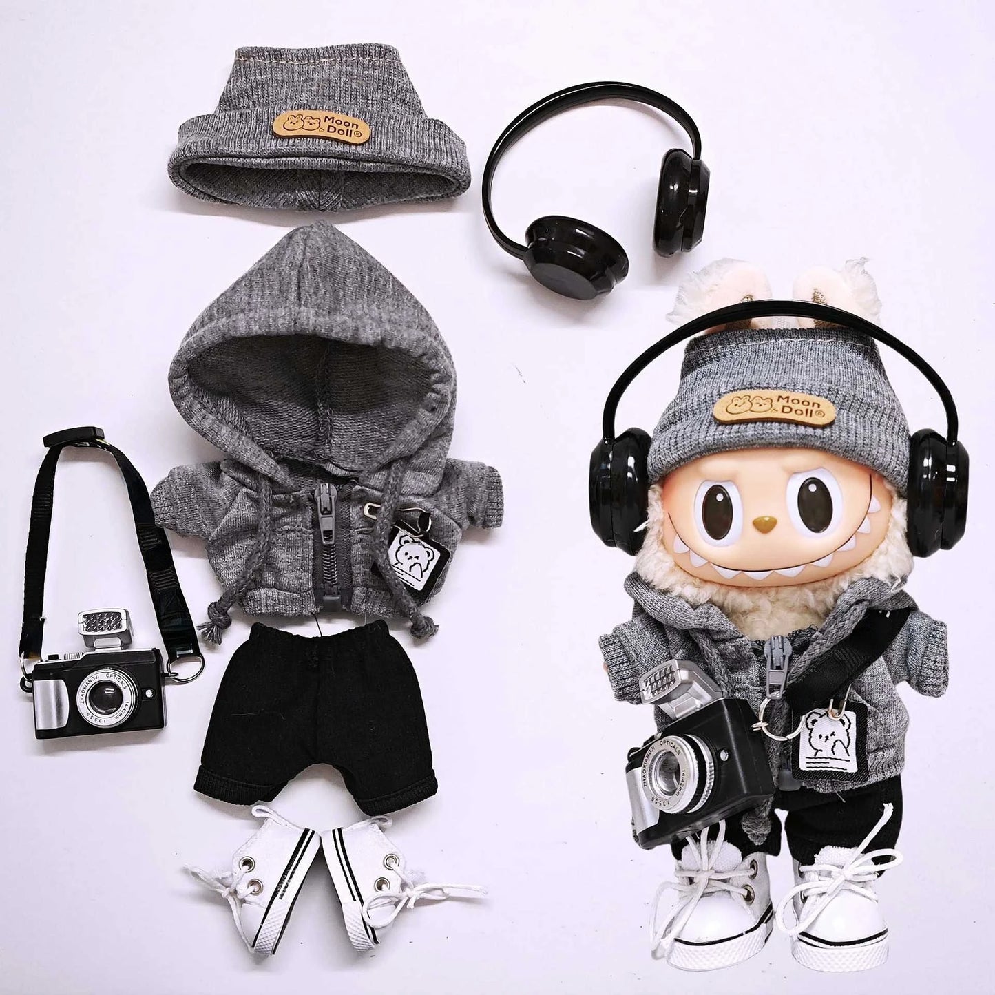 Labubu 15cm/17cm Universal Hoodie Set – Gray Trendy Outfit with Camera, Glasses, Headphones & Canvas Shoes (Series 1-3 Compatible)