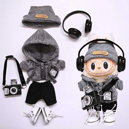 Labubu 15cm/17cm Universal Hoodie Set – Gray Trendy Outfit with Camera, Glasses, Headphones & Canvas Shoes (Series 1-3 Compatible)