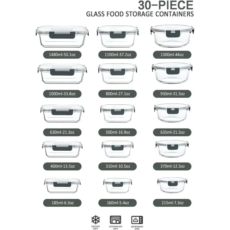 30-Piece Glass Food Storage Container Set — Airtight Meal Prep Containers with Upgraded Snap-Lock Lids, Oven Safe