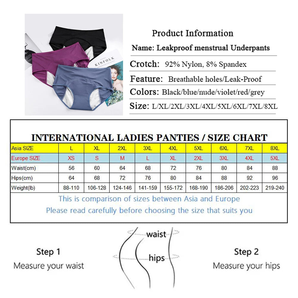 5-Pack Women’s Leak-Proof Menstrual Panties – Plus Size L-8XL Waterproof Period Underwear