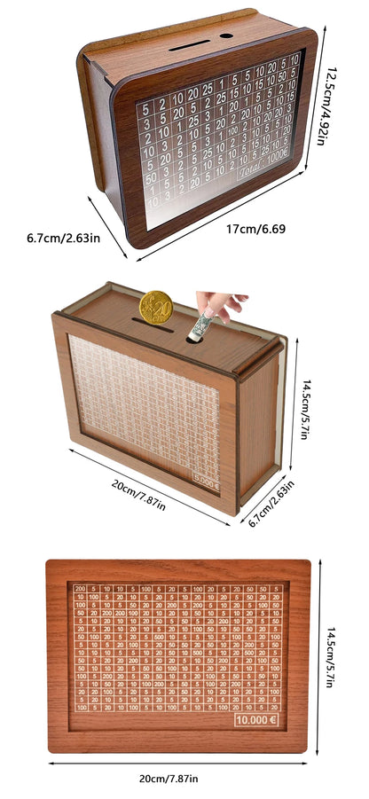 Wooden Money Box Piggy Bank – Cash Saving Treasure Coin Case for 1000/5000/10000 Euro – Encourages Saving Habit