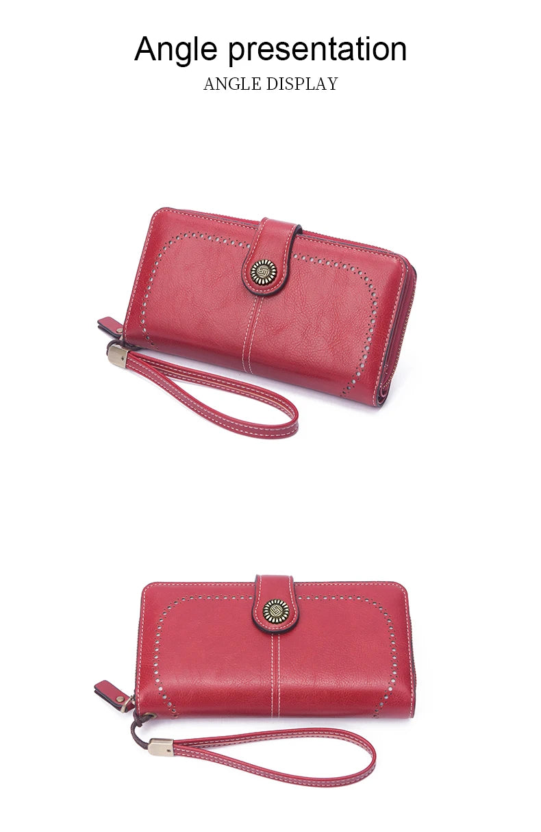 Vintage Large Capacity Women's Purse – Monochromatic Multi-Card Long Wallet with Zipper & Wrist Strap