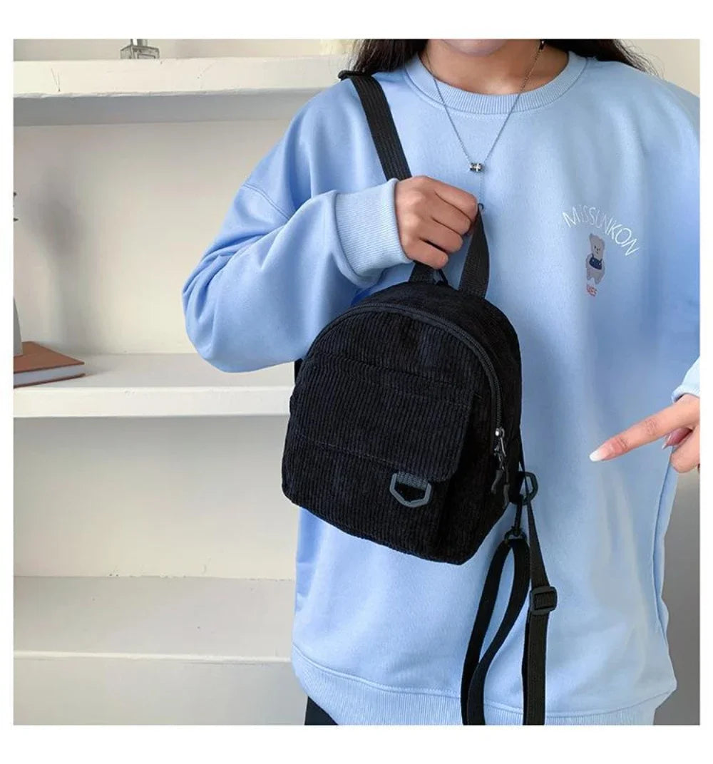 Women's Mini Backpack - Fashionable Solid Color Corduroy Casual Schoolbag with Large Capacity