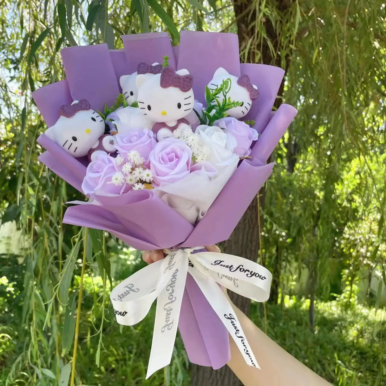 Kawaii Hello Kitty Cat Dolls with Artificial Flowers – Creative Sanrio Bouquet for Christmas, Valentine’s & Birthday Graduation Gifts