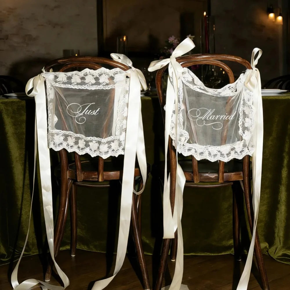 Personalized Just Married Chair Signs - Lace Wedding Chair Banners for Bride & Groom