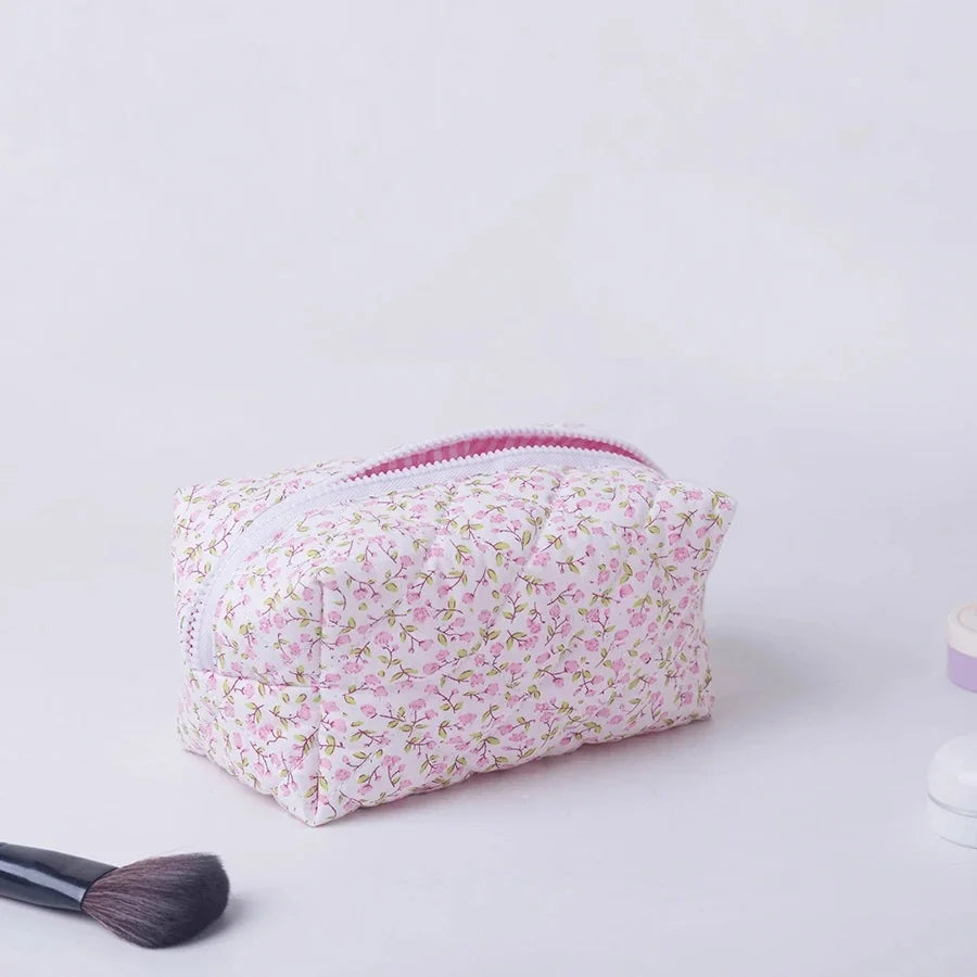 Floral Puffy Quilted Makeup Bag — Large Travel Cosmetic Organizer Pouch with Flower Print for Makeup Accessories