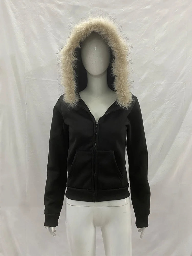 Women’s Y2K Gothic Hoodie - Slim Suede Fur Collar Letter Print Streetwear Sweatshirt