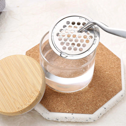 Nail Brush Cleaning Cup - Crystal Glass Cleaner Container with Stainless Steel Mesh Base for Nail Drill Bits and Brushes