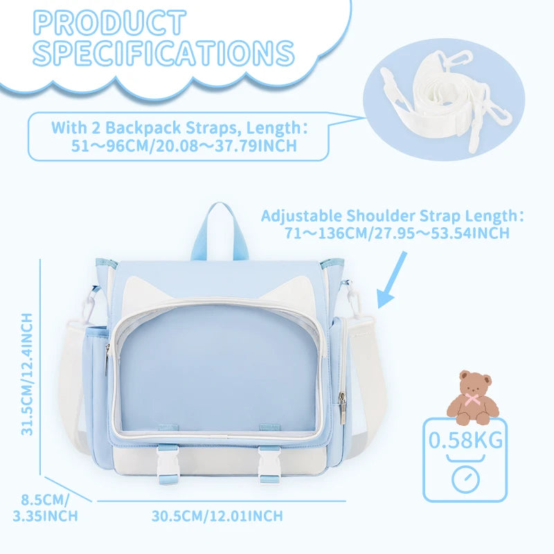 TINYAT Y2K Ita Bag — Waterproof Transparent School Backpack & Crossbody Bag for Girls with Cute Cat Ears