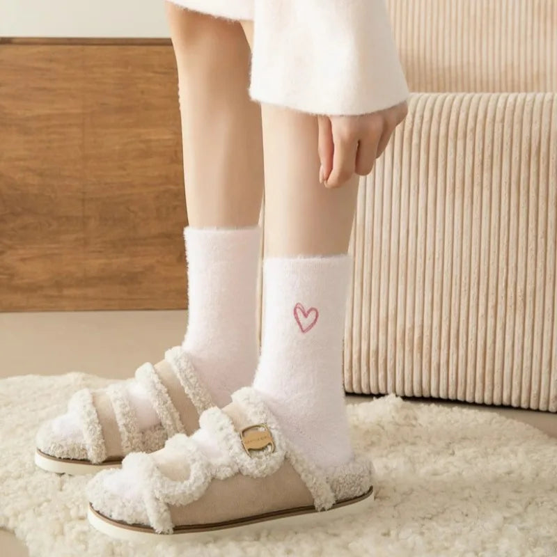 Thickened Pink Mink Fur Heart Embroidered Socks — Women’s Autumn Winter Warm Plush Mid-Tube Home Sleep Socks