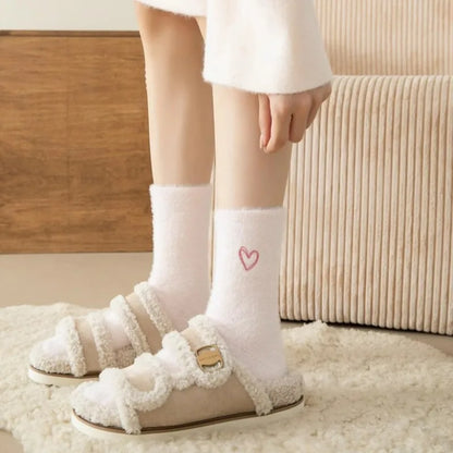 Thickened Pink Mink Fur Heart Embroidered Socks — Women’s Autumn Winter Warm Plush Mid-Tube Home Sleep Socks