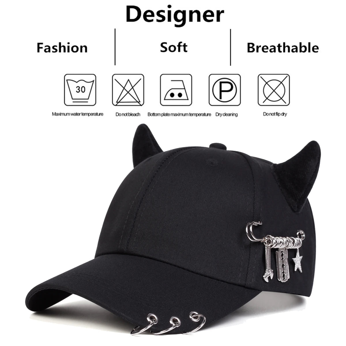 Unisex Cow Horn Baseball Cap - Personality Iron Ring Design, Adjustable Casual Outdoor Sun Hat for Spring & Autumn