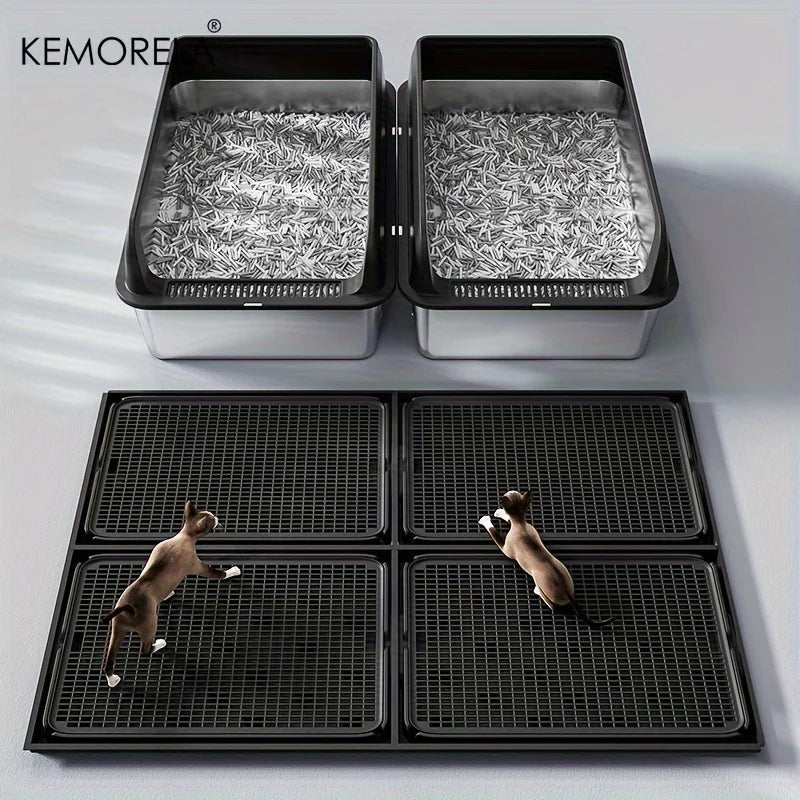 KEMORELA Extra Large Stainless Steel Cat Litter Box with Lid – Enclosed, High-Sided, Leak-Proof Litter Pan with Cat Litter Mat