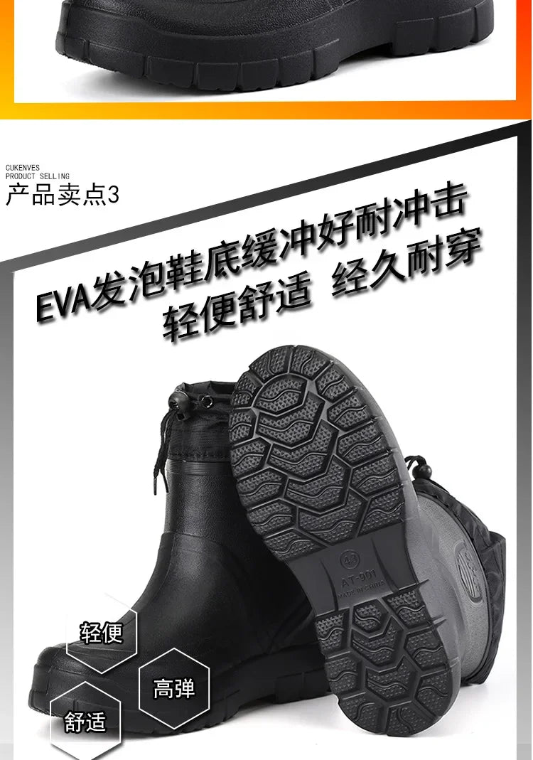 Winter Windproof Cotton Rain Boots for Men, Warm Waterproof Ankle Rain Shoes, Slip-On Fashion Work Boots, 2024