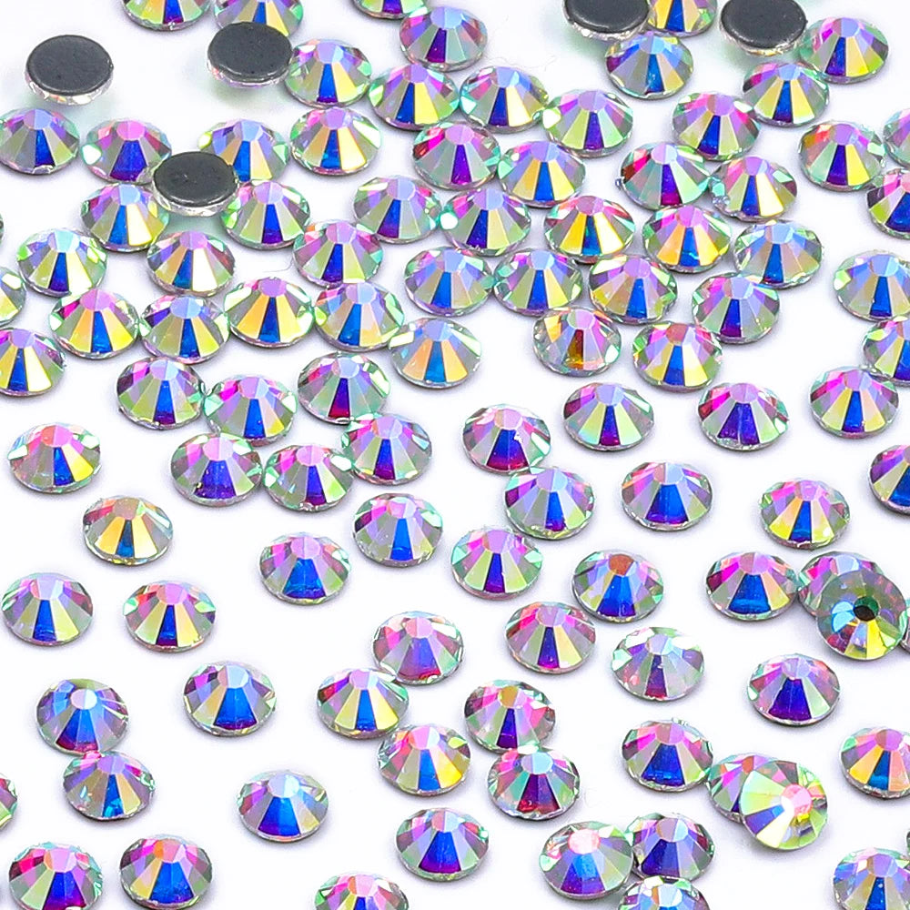 QIIY SS3–SS50 Crystal AB Black Glass Rhinestones – Hot-Fix Flatback Iron-On Stones for Wedding Dresses, Clothing, and Fabric Decoration