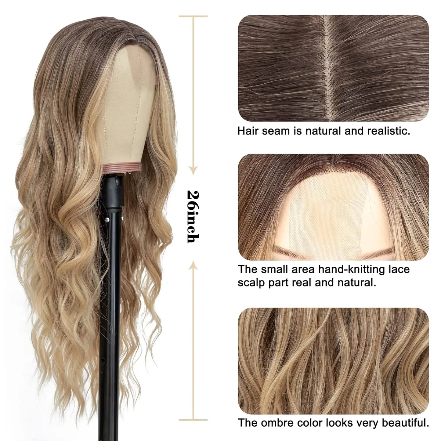 26-Inch Synthetic Ombre Blonde Wavy Wig for Women — Long Middle Part Curly, Heat-Resistant Natural-Look Hair