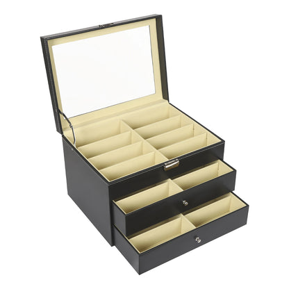 3-Layer Leather Glasses Organizer with Drawer – 24 Slot Sunglasses Display & Storage Case Rust-Resistant