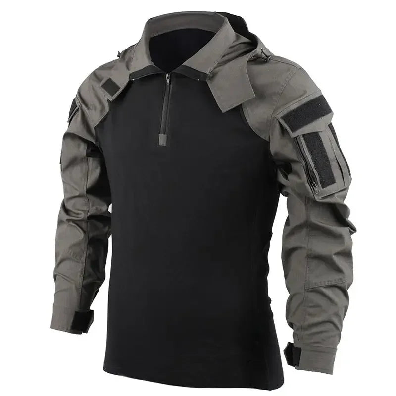 Men’s Tactical Camo Hooded Combat Shirt – Durable Cotton Airsoft & Paintball Hunting Outdoor Wear-Resistant Military Style T-Shirt