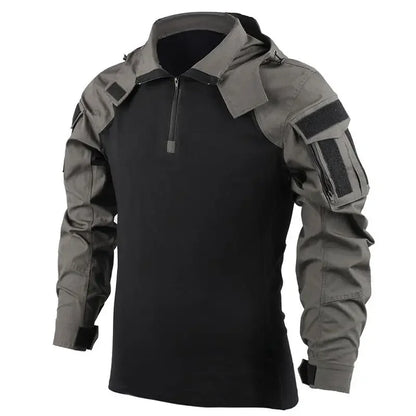 Men’s Tactical Camo Hooded Combat Shirt – Durable Cotton Airsoft & Paintball Hunting Outdoor Wear-Resistant Military Style T-Shirt