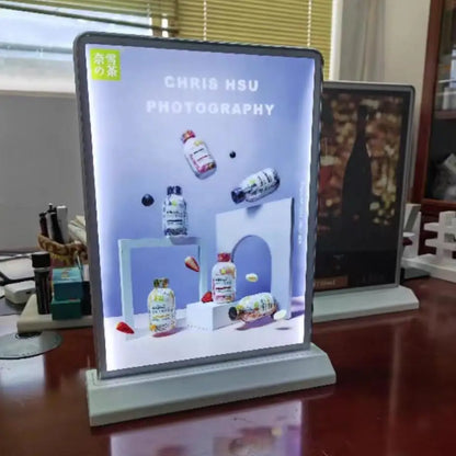 Ultra-Thin Rechargeable Double-Sided LED Light Box Display Stand – Tempered Glass Desktop Advertising Poster Frame for Bar & Shop