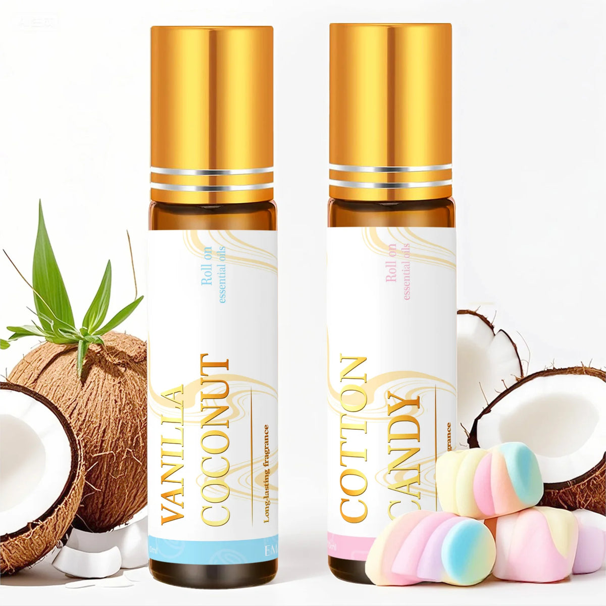 Vanilla Coconut Cotton Candy Marshmallow Roll-On Fragrance Oil - Long-Lasting Scent, 1–2 Piece Gift Set