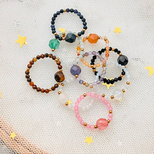 Natural Stone Beaded Rings for Women – Crystal Stainless Steel Elastic Handmade Fashion Ring Jewelry for Wedding & Party Wear