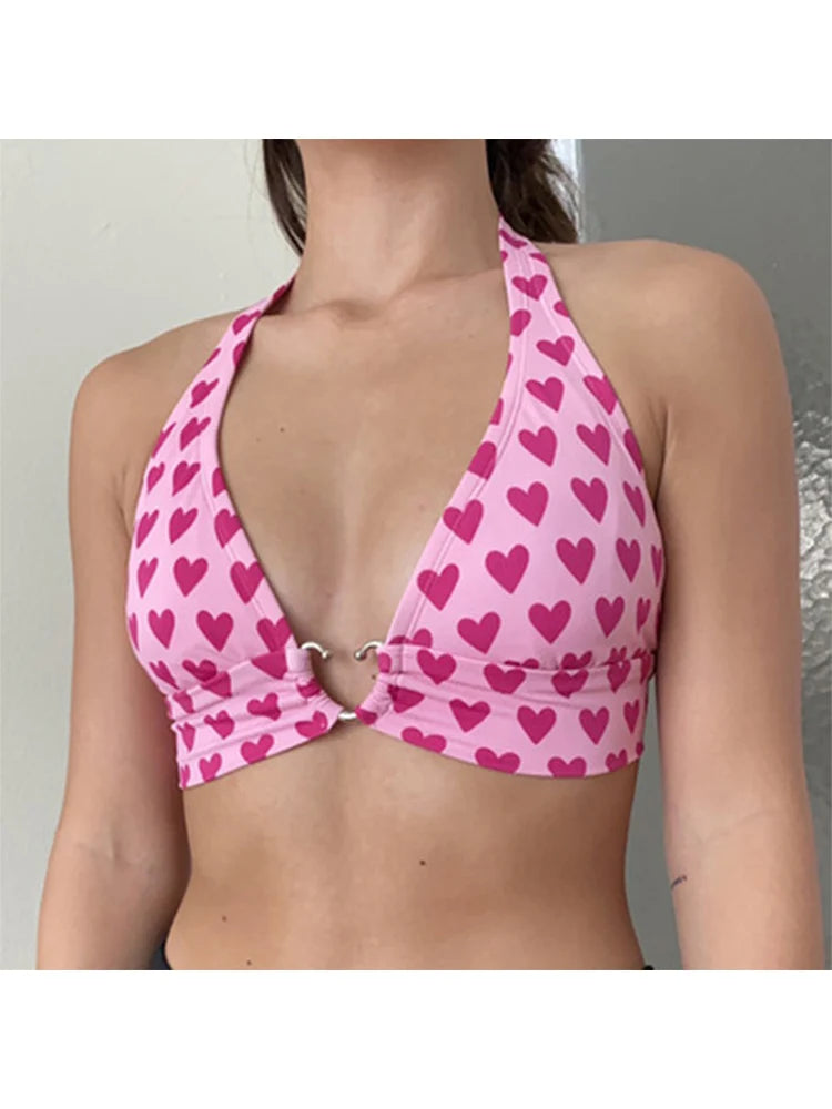 Pink Heart Print Bustier Crop Top for Women – Kawaii Aesthetic Lace-Up Backless Bralette Camisole Sleeveless Fashion Top